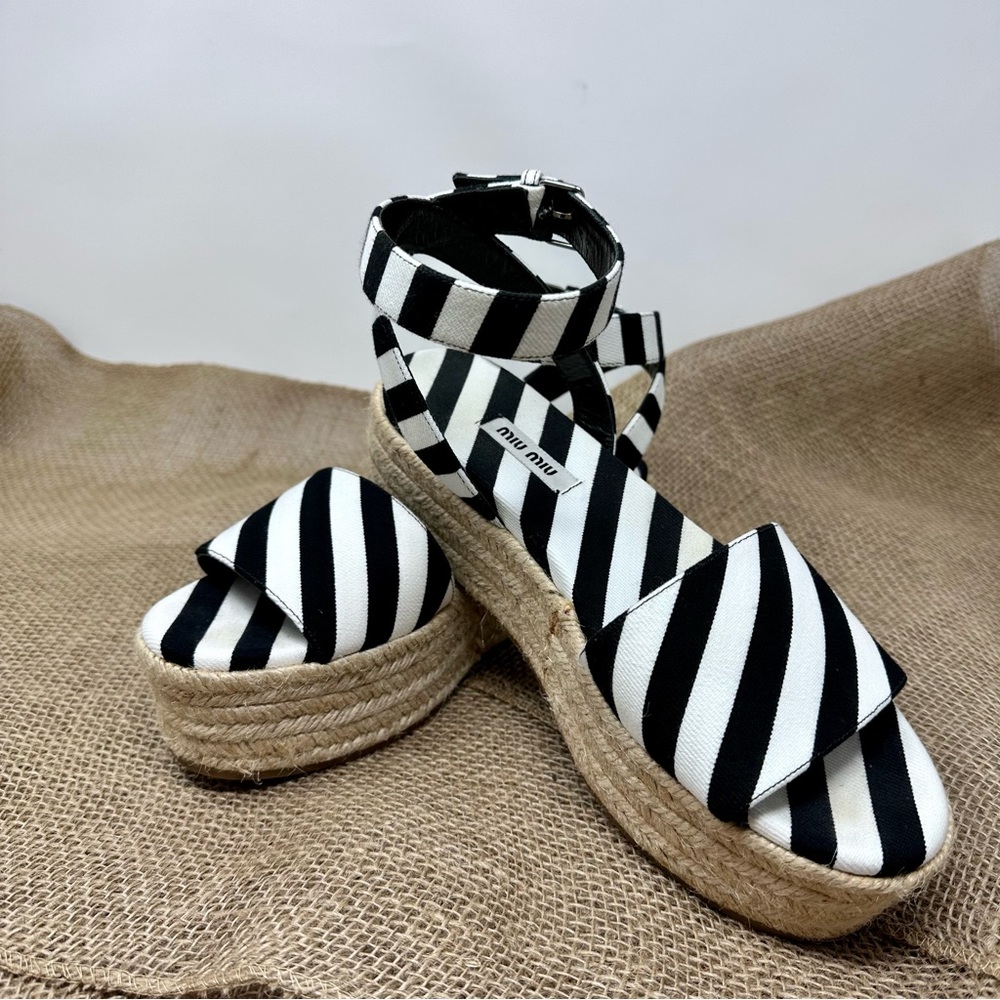 MIU MIU Black and White Striped Canvas Platform Espadrilles Wedges